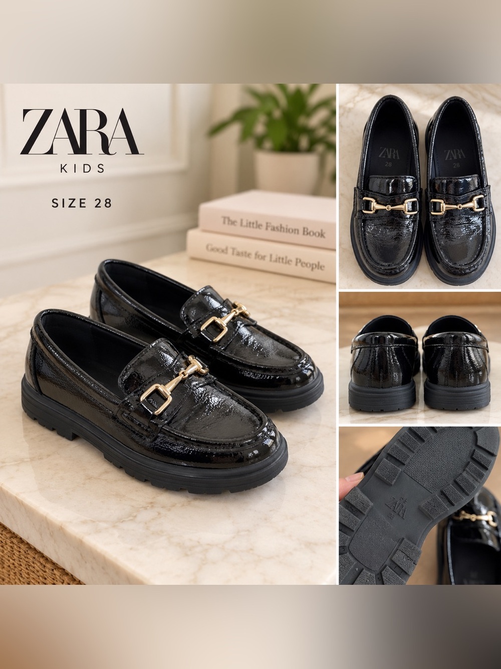 Zara Kids Black Patent Loafers with Gold Buckle